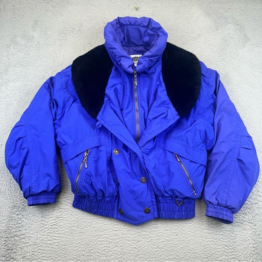 Vintage Edelweiss Ski Coat Womens Medium Blue Zip Snap Faux Fur Collar Nylon